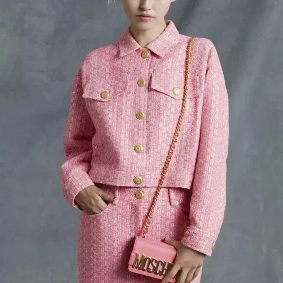 MOSCHINO COUTURE RAFFIA BOUCLE PINK TWEED JACKET SKIRT SET 2017 RUNWAY SZ 8
